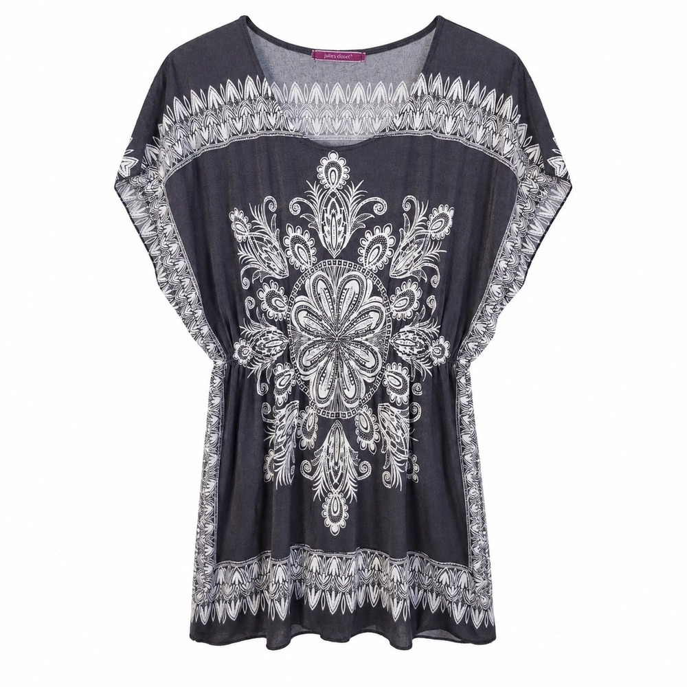 Julie's Closet Boho Kaftan Tunic Top Black White Mandala Batwing Oversized.